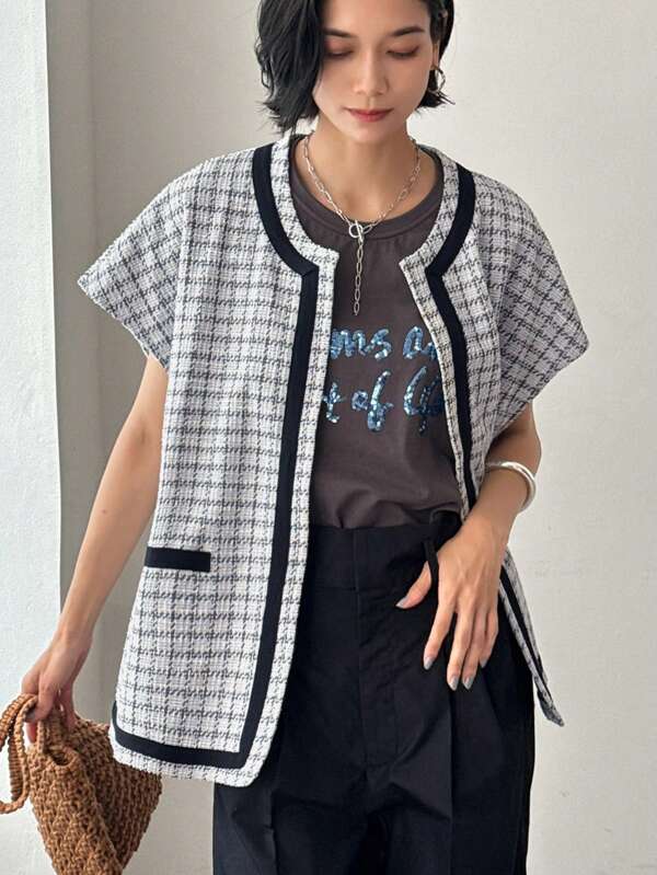 FRIFUL Women's Casual Loose Plaid Contrast Color Jacket Vest Women Coats