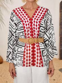 SHEIN LUNE Women's Casual Colorblock Geometric Print Batwing Sleeve Blouse, Spring Autumn - Multicolor - View 5