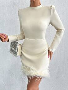 EURMUSE Women's Puff Sleeve Fuzzy Hem Long Sleeve Dress - Beige - View 2