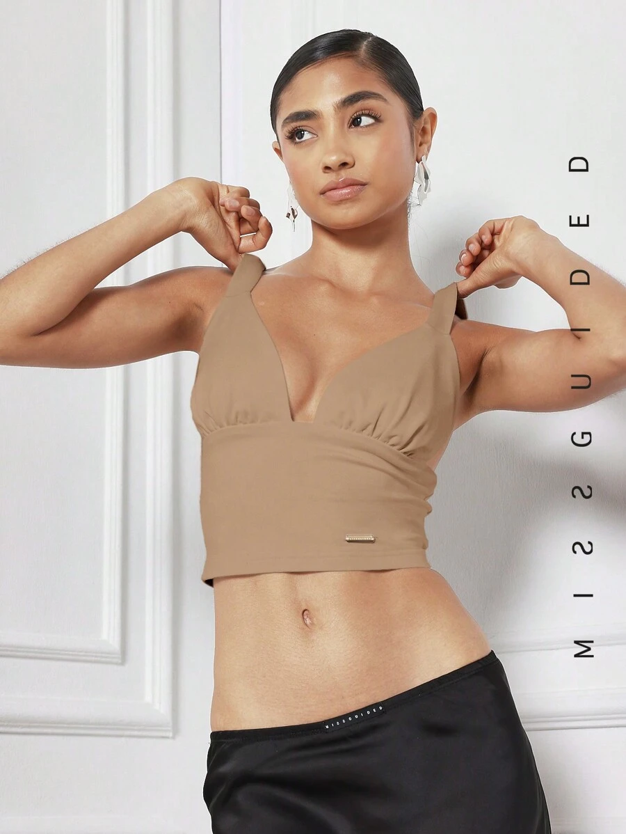 MISSGUIDED Áo crop top cổ yếm xếp nếp - Màu nâu Mocha - Xem 1