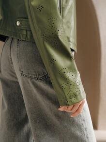 Anewsta 时尚合身休闲激光切割刺绣短夹克 - 軍綠色 - 查看 3