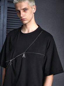 Manfinity VCAY 2 chiếc áo thun nam ngắn tay dệt kim dáng rộng phong cách đường phố có đường viền cổ tròn và quần short xếp nếp dài đến thắt lưng, thích hợp để mặc hàng ngày vào mùa hè - màu đen - Xem 4