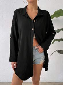 SHEIN Unity 女士時尚純色中袖鈕扣襯衫