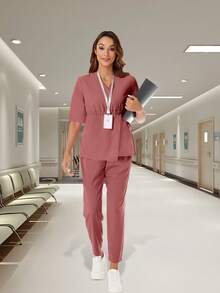 醫護專業人員用腰部束腰短袖上衣和褲子制服套裝，2件套裝 - 珊瑚粉 - 查看 1