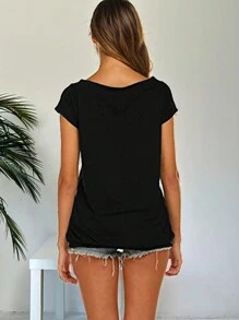 INAWLY Ladies' Solid Color Off Shoulder Short Sleeve T-Shirt - Black - View 2