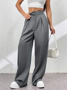 SHEIN Essnce Pantalón casual de pierna ancha de cintura alta, verano, para mujer - Gris Oscuro - Ver 5