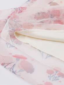 Floral Mesh Overlay Printed Skirt - Pink - View 4
