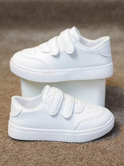 1pair Solid Color New Children Sports Shoes, Unisex Kids Fashion Hook-And-Loop Casual Sneakers, Breathable Round Toe School Shoes, Suitable For Spring And Autumn