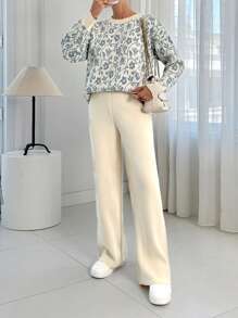 EURMUSE Blue Flower Jacquard Pattern Pullover And Pant 2 Pcs Set - Multicolor - View 1