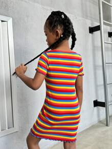 SHEIN Young Girl Knitted Crew Neck Rainbow Striped Casual Dress, Mommy & Me Clothes, Mom And Daughter Matching - Multicolor - View 2