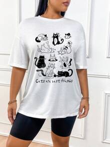 SHEIN EZwear 加大码猫咪图案印花圆领短袖 T 恤，休闲宽松，适合加大码女士，略显透明，夏季 - 白色 - 查看 5