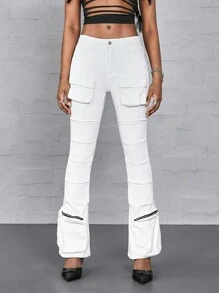 SHEIN ICON Quần Jeans Skinny Bootcut Nhiều Túi Màu Trơn Thường Ngày Cho Nữ - trắng - Xem 1