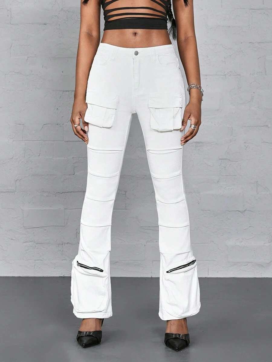 SHEIN ICON Quần Jeans Skinny Bootcut Nhiều Túi Màu Trơn Thường Ngày Cho Nữ - trắng - Xem 1