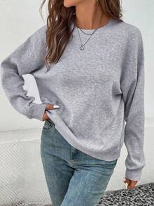 SHEIN LUNE 休闲船领蝙蝠袖毛衣，春秋 - 灰色 - 查看 4