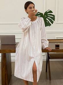 DAZY Textured Striped Fabric Open Cardigan House Dress Pajama - Pink - View 4