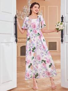 SHEIN Teen Girl's Woven Square Neck Floral Printed Dress