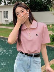 DAZY 女士纽扣圆领短袖休闲修身优雅甜美舒适 Polo 衫夏季