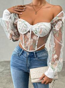Allurite Women's Summer Sexy Floral Embroidery Sheer Mesh Sweetheart Collar Blouse