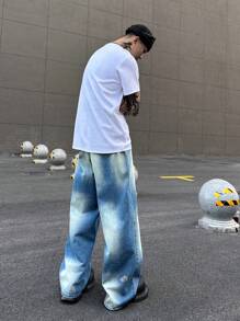 Manfinity Roghcode Y2K 复古街头风格男士深蓝色复古水洗牛仔裤，带污渍和破旧外观，宽腿宽松牛仔裤