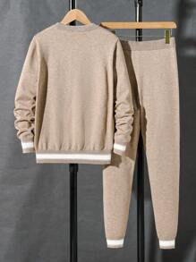 Soft Casual Simple Jacquard Contrast Color Long Sleeve Loose Comfortable Warm Knitted Base Sweater And Pants Set For Teen Boy, Autumn Winter