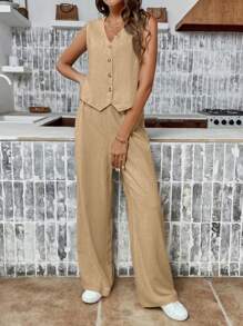 SHEIN Frenchy 2pcs Women's Solid Color Simple Daily Sleeveless Top And Pants Set