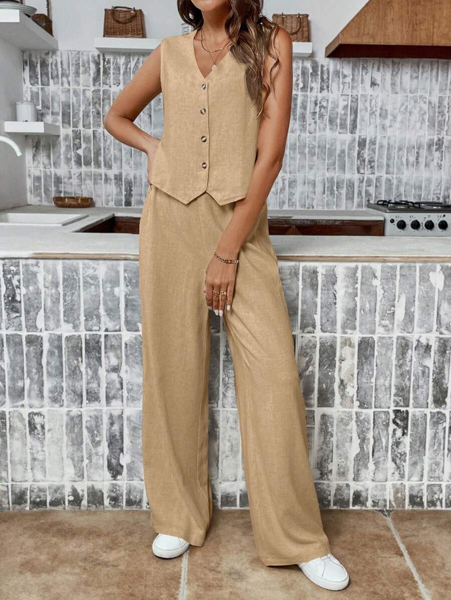 SHEIN Frenchy 2pcs Women's Solid Color Simple Daily Sleeveless Top And Pants Set