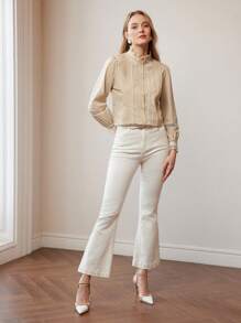 MOTF PREMIUM LACE INSERT FRILL MOCK NECK SHIRT