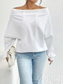 SHEIN Privé Off Shoulder Batwing Sleeve Drawstring Sweatshirt,Casual,White - White - View 3