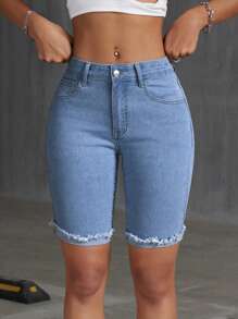 Pantalones cortos de mezclilla ajustados con bolsillos, unicolor, de verano, para mujer - Azul lavado medio - Ver 4