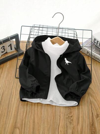 Jaqueta com Capuz de Manga Longa Casual Preta com Estampa de Dinossauro Cartoon para Meninos Bebê, Versátil para Uso Diário, Atividades ao Ar Livre e Uso Doméstico