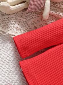 2pcs Baby Girls' Spring/Autumn Red Ruffle Long Sleeve Top & Cute Rabbit Embroidered Red Polka Dot Dungaree Pants Set - Red - View 5