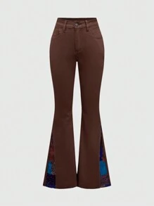 ROMWE Hippie Style Patchwork Print Flared Denim Jeans - Coffee Brown - View 1