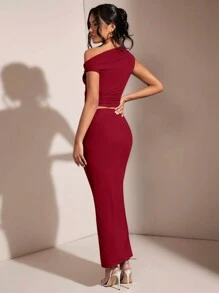 SHEIN BAE 女士不对称领口不对称领口上衣和褶皱优雅裙子套装