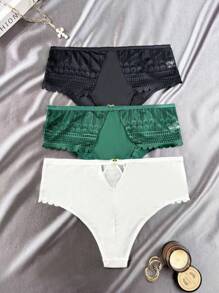 3pcs/Pack Women Solid Color Contrast Lace Briefs - Multicolor - View 2