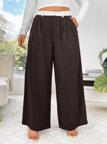 Calvaya Plus Size Contrast Color Waistband Casual Straight Leg Pants Fall Cloth For Women - Multicolor - View 3