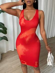 VaVaBold Tie Dye Pleated Slim Fit Sleeveless Bodycon Dress For New Year Clothes