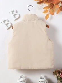 女童休闲纯色立领拉链假口袋无袖加垫背心，适合外套，秋冬季 - 杏色 - 查看 2