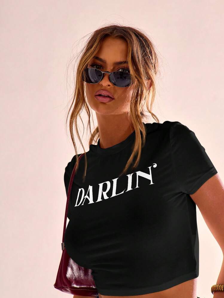 MUSERA Darlin' Print Crop Cap Sleeve Top Graphic Tee Boho Club Sexy Graphic Tees Airport Holiday Back To School Party Spring Summer - Black - View 1