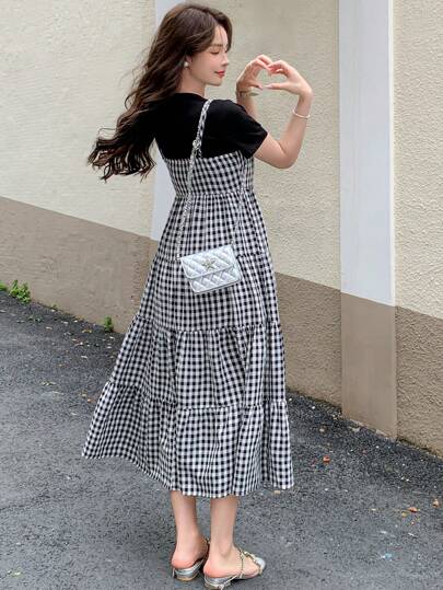 ミストレアス Pearl Strap Sheer Plaid Dress ミストレアス Pearl Strap Sheer Plaid Dress（ミストレアス