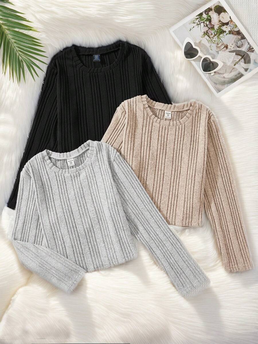 SHEIN Leap Crew 3pcs Tween Girls Basic Casual Solid Color Crew Neck Long Sleeve Knit Top Set - Multicolor - View 1