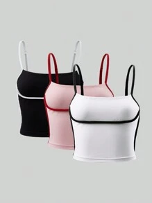 SHEIN LUNE LUNE 3pcs Women's Summer Camisole Top Set With Contrast Color Trim, Cropped, Fashionable Design