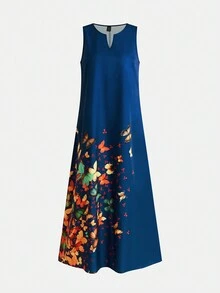 EMERY ROSE Vestido largo de mujer de estilo casual de verano con estampado de mariposas y cuello con muesca sin mangas