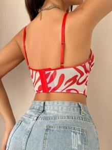 Bustier Seksi Wanita dengan Tali Bahu Tipis dan Motif Bunga di Seluruh Permukaan, Berongga - Red and White - View 2