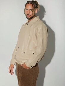 Hauture Drop Shoulder Zip PU Leather Jacket