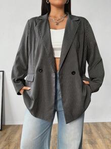 Flirla Plus Size Double-Breasted Grey Striped Print Long Sleeve Loose Blazer Graduation,Back To School,Teacher Outfits For Women - Grey - View 1