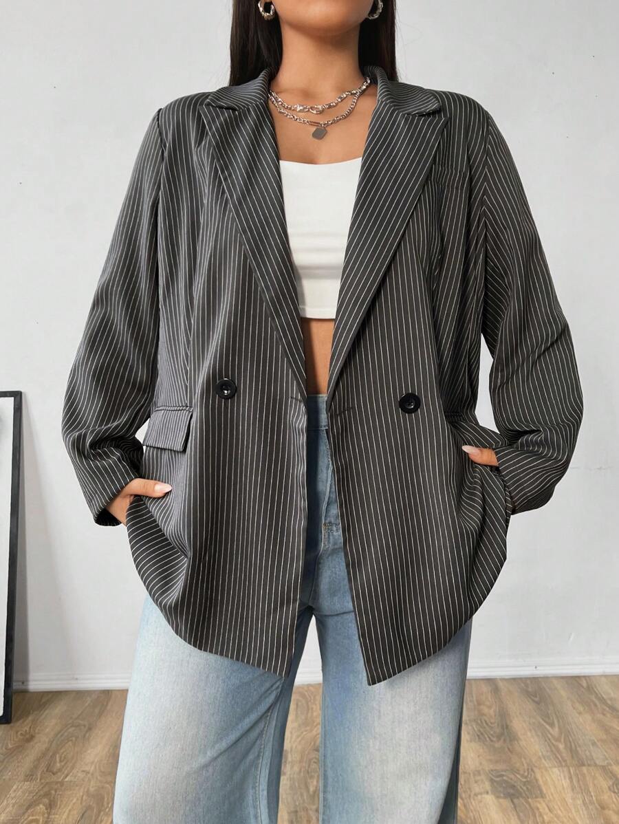 Flirla Plus Size Double-Breasted Grey Striped Print Long Sleeve Loose Blazer Graduation,Back To School,Teacher Outfits For Women - Grey - View 1