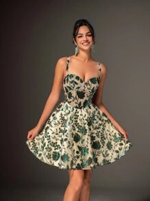 SHEIN Belle Vestido elegante, hermoso y lindo con contrastes de color verde y champán, con vestido de flores 3D y lentejuelas, apropiado para eventos de boda, despedidas de soltero, vacaciones, vestidos de graduación de baile de promoción (estilo industrial pesado). Vestido semi formal para invitado de boda, para fiesta de cumpleaños o graduación - Verde Oscuro - Ver 6