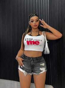 SHEIN ICON Plus Size Women's Distressed Raw Hem Denim Shorts With Pockets