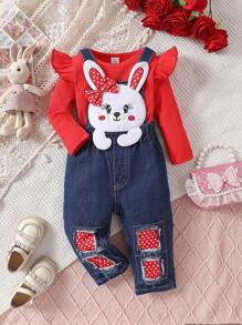 2pcs Baby Girls' Spring/Autumn Red Ruffle Long Sleeve Top & Cute Rabbit Embroidered Red Polka Dot Dungaree Pants Set - Red - View 1