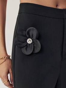 Firerie 女士纯色 3D 花朵和水钻装饰简约长裤，日常休闲 - 黑色 - 查看 4